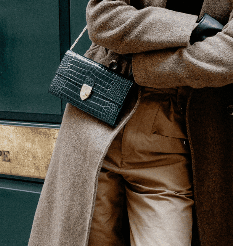 Close up of black leather bag, beige trousers and beige coat worn by unknown woman
