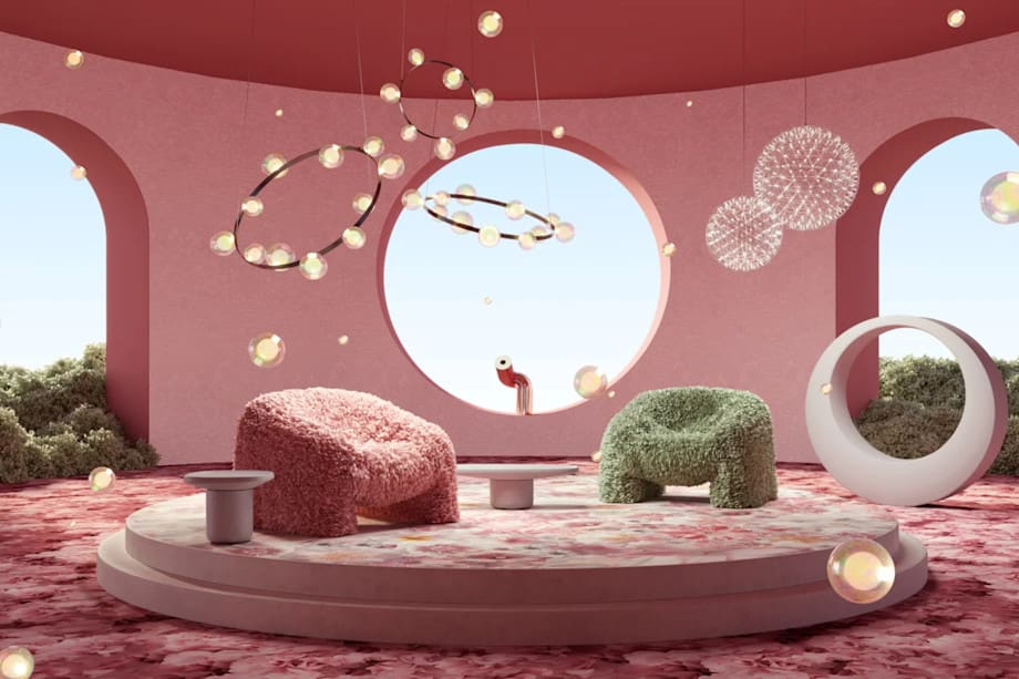 Pink and green soft Dutch furniture brand moooi armchairs at the centre of futuristic pink showroom with large round windows looking out to nature for Chinese marketing campaign