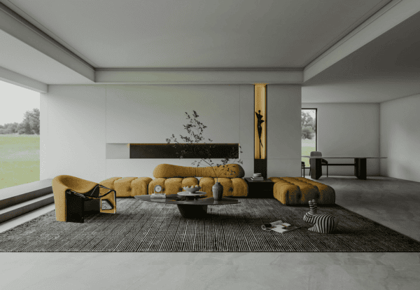 Mustard sofa art deco style in large luxury room with eggshell walls and grey carpet