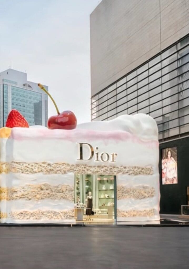 Outside of large dior cake-shaped pop up store in China