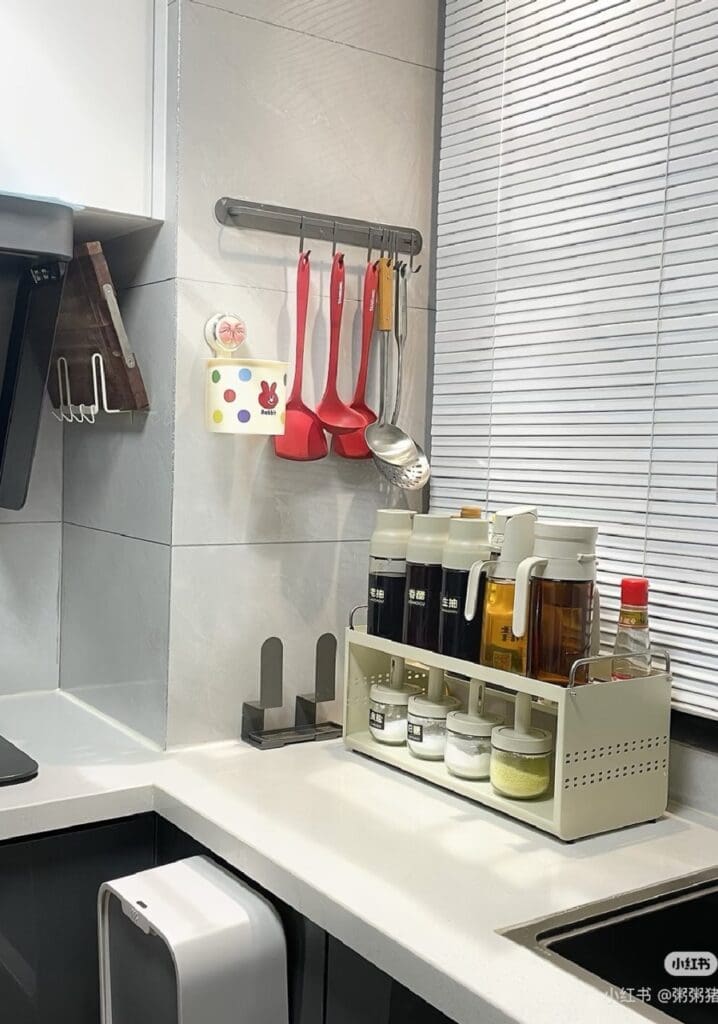 Minimalist Chinese kitchen with condiments on the counter
