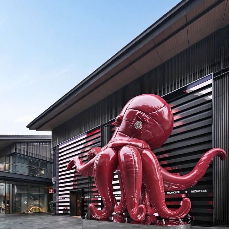 Moncler's "Puffy Summer" giant octopus in front of the store in Chengdu