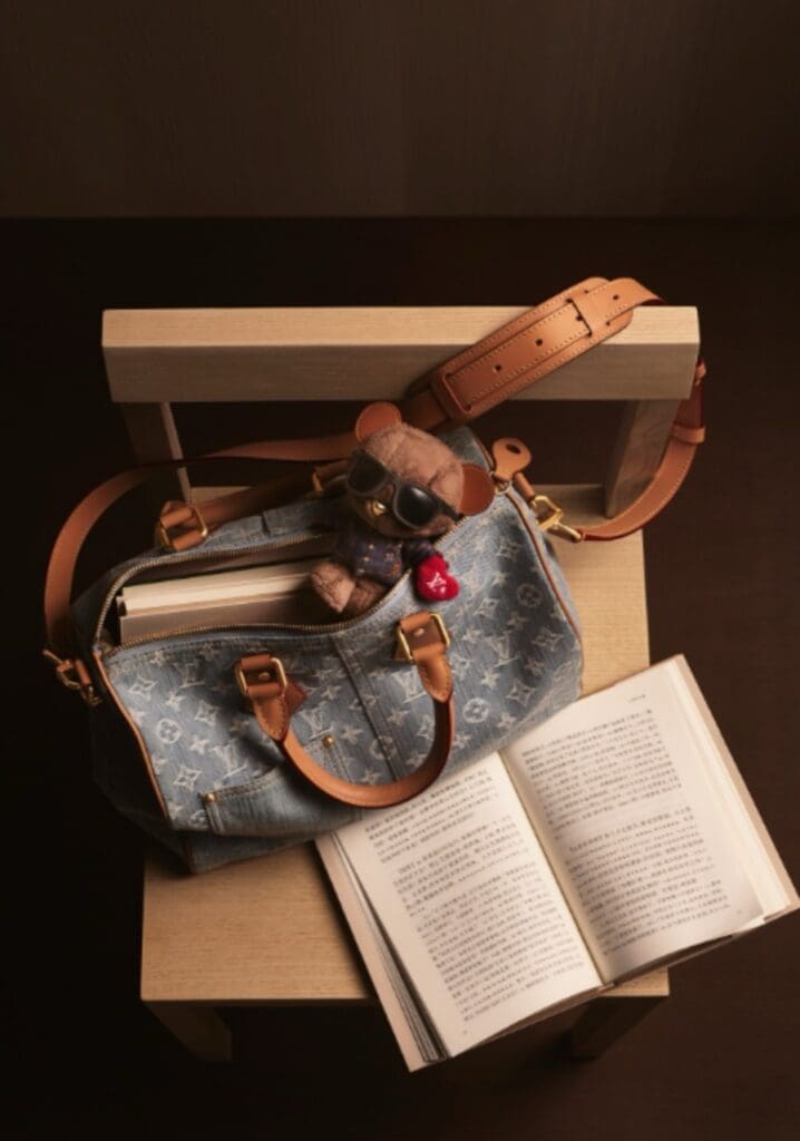 Louis Vuitton pale blue bag with brown leather strap on chair next tp book for 2026 Qixi campaign