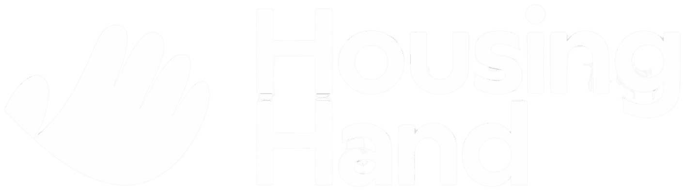 Housing Hand, guarantor service, logo and wordmark, white on transparent background